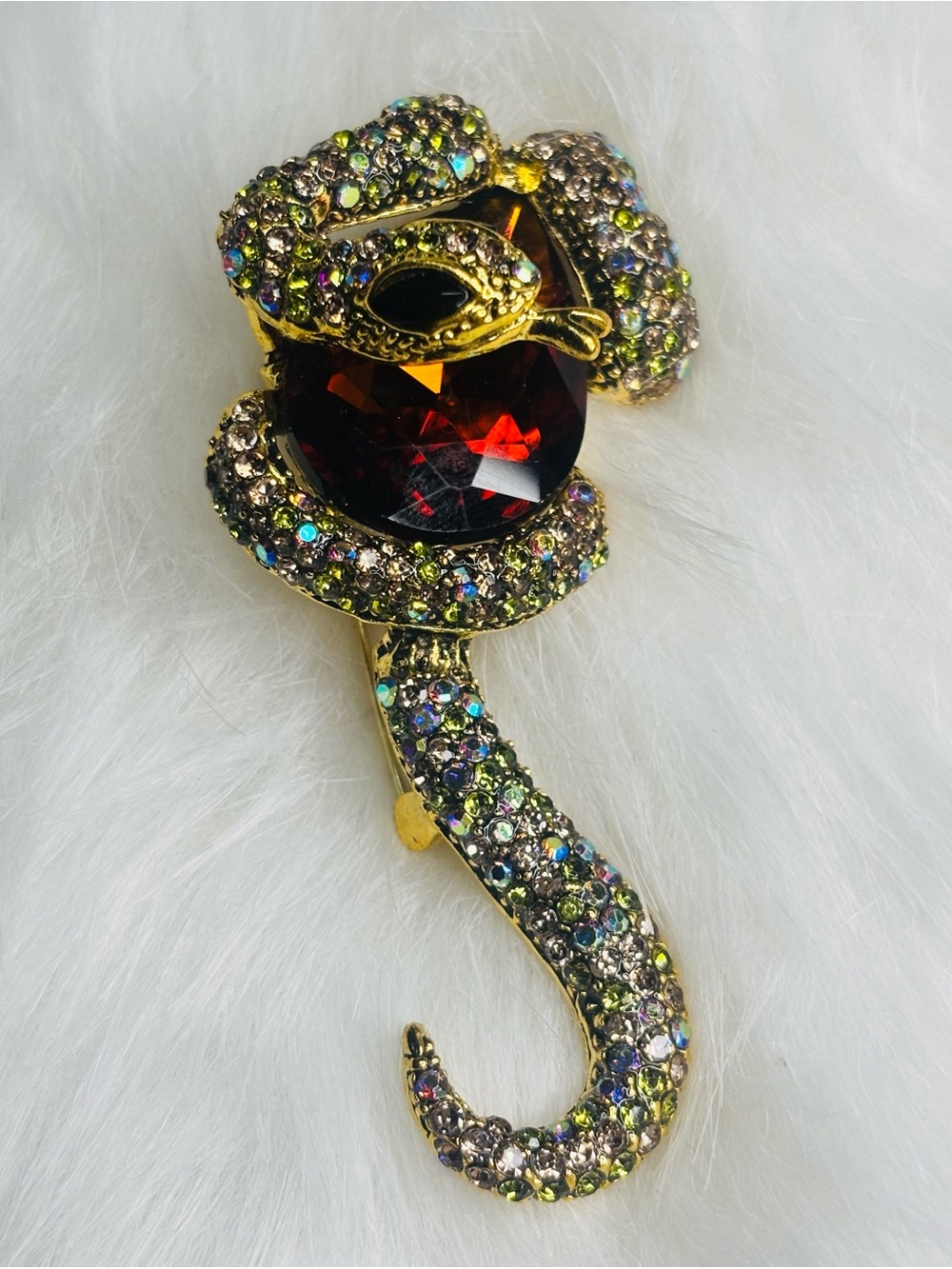 Jeweled Snake Brooch Red Crystal Rhinestone Gold Tone Serpent Statement Pin
